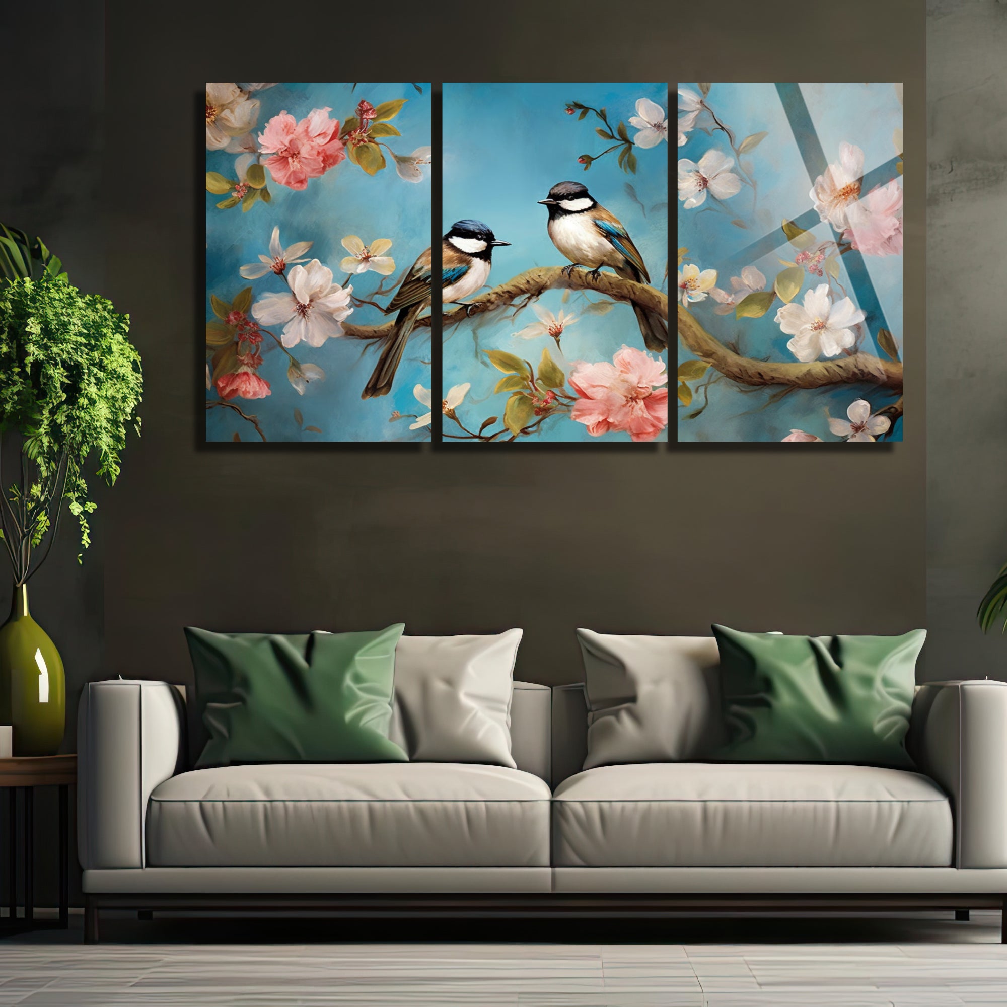 3 Parçalı Temperli Cam Duvar Tablosu Renkli Kuşlar