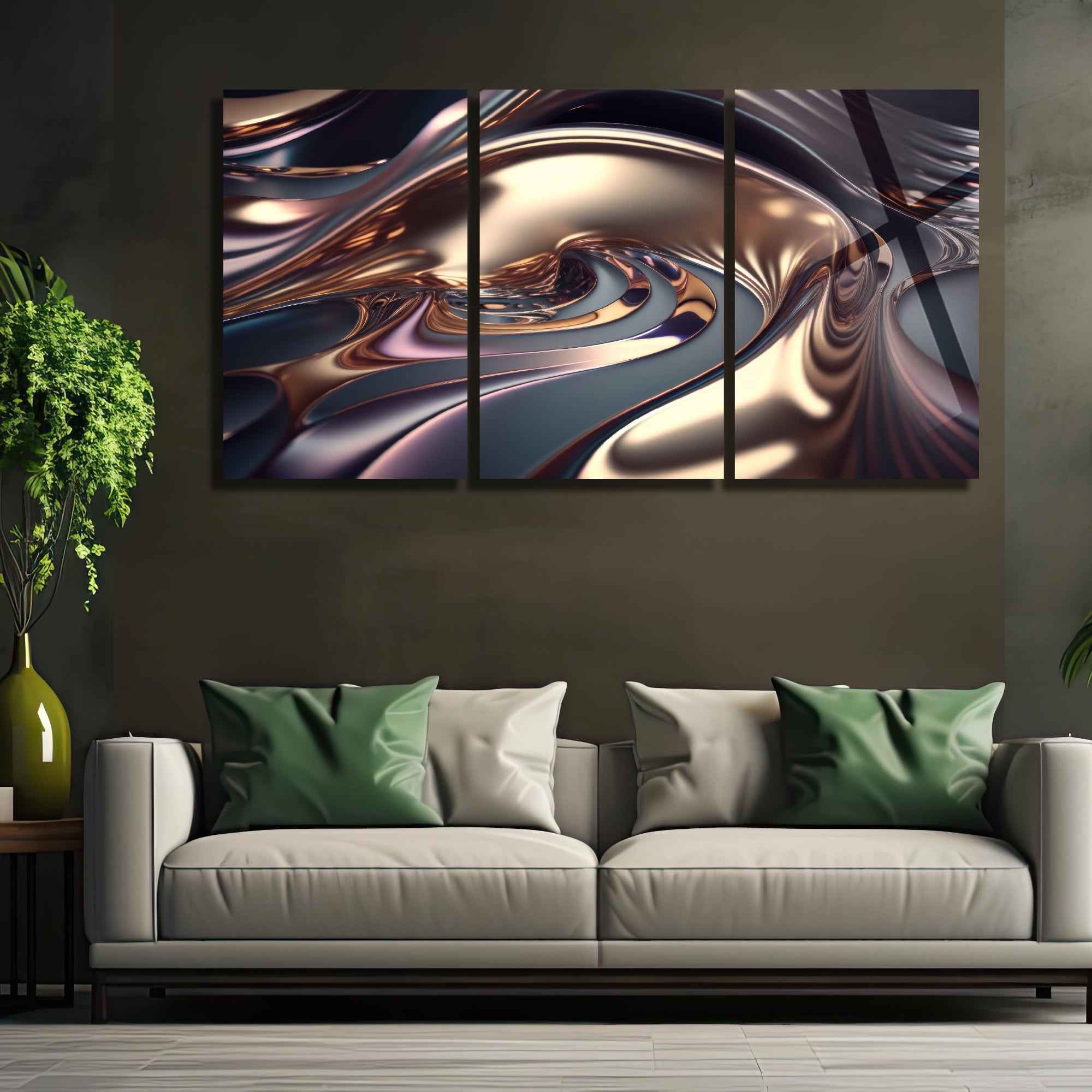 3 Parçalı Temperli Cam Duvar Tablosu Soyut Altın