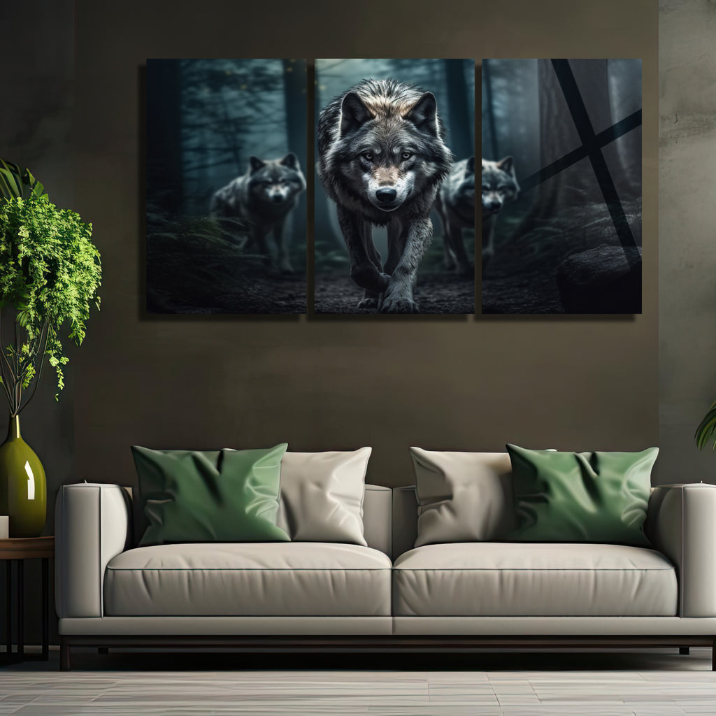 3 Parçalı Temperli Cam Duvar Tablosu Orman ve Kurtlar