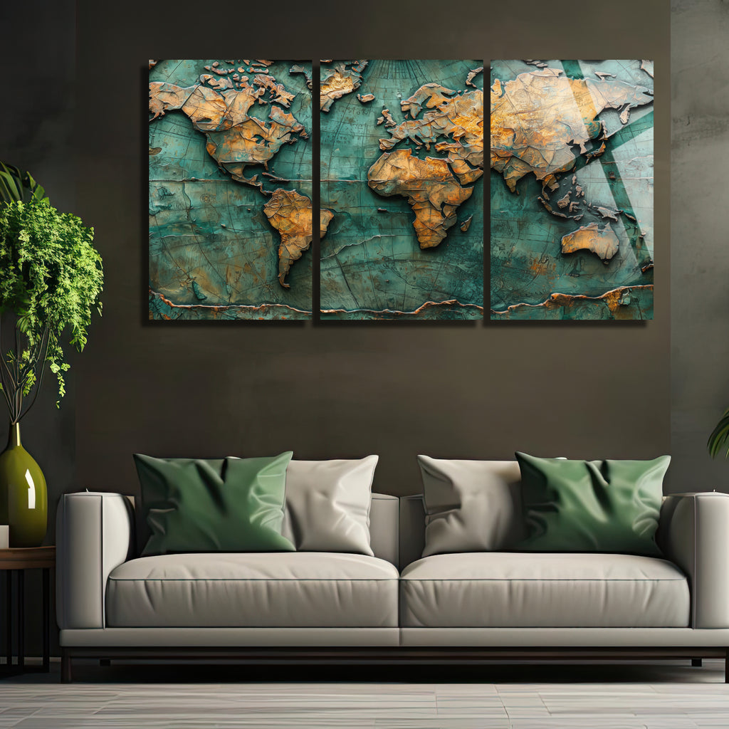 3 Parçalı Temperli Cam Duvar Tablosu Vintage Dünya Haritası