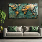 3 Parçalı Temperli Cam Duvar Tablosu Vintage Dünya Haritası