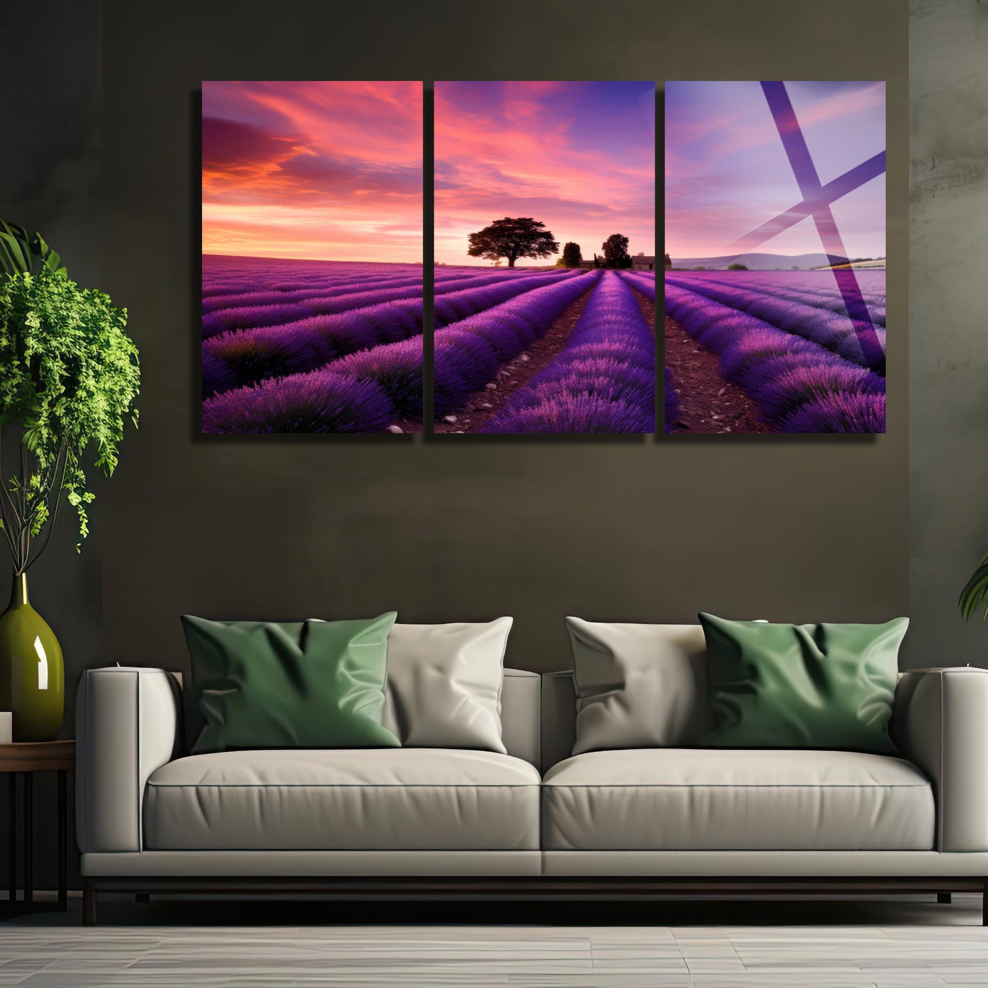 3 Parçalı Temperli Cam Duvar Tablosu Leylak Tarlası