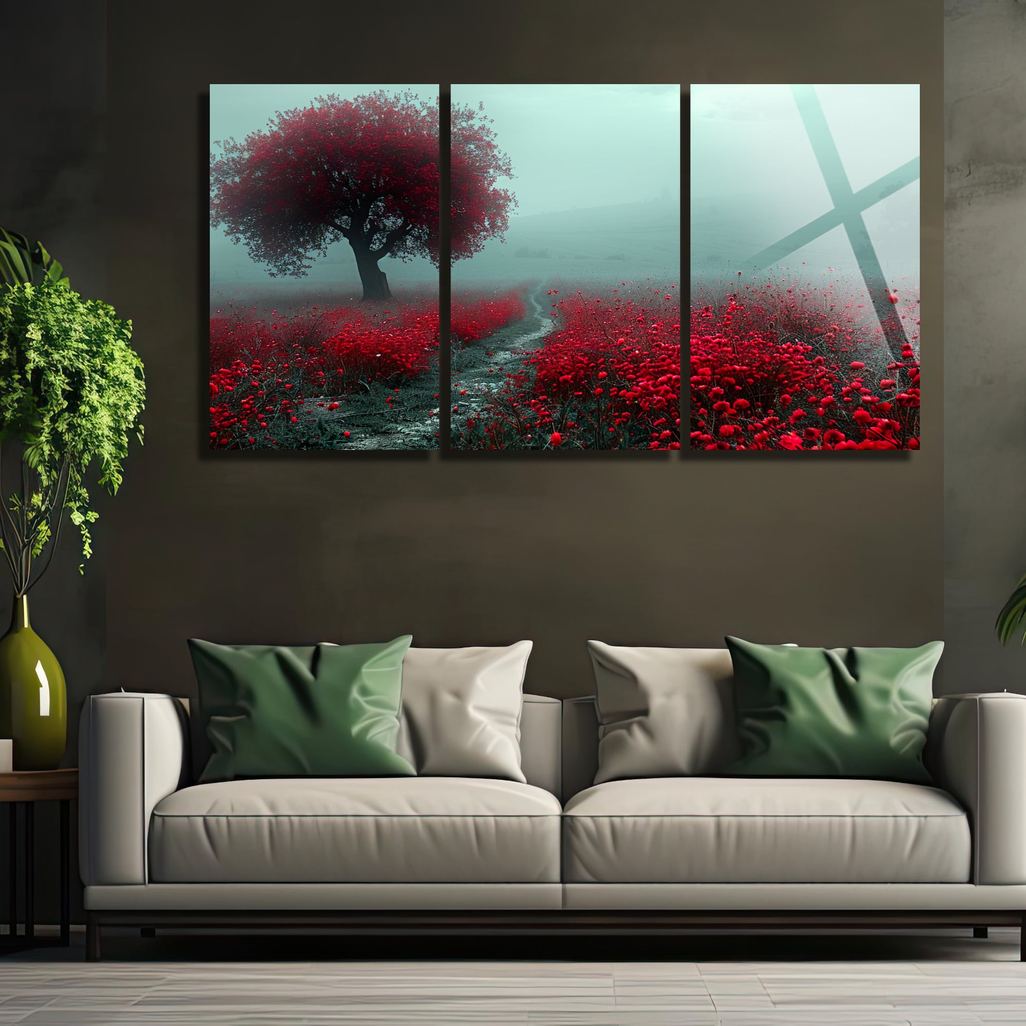 3 Parçalı Temperli Cam Duvar Tablosu Kızıl Ağaç