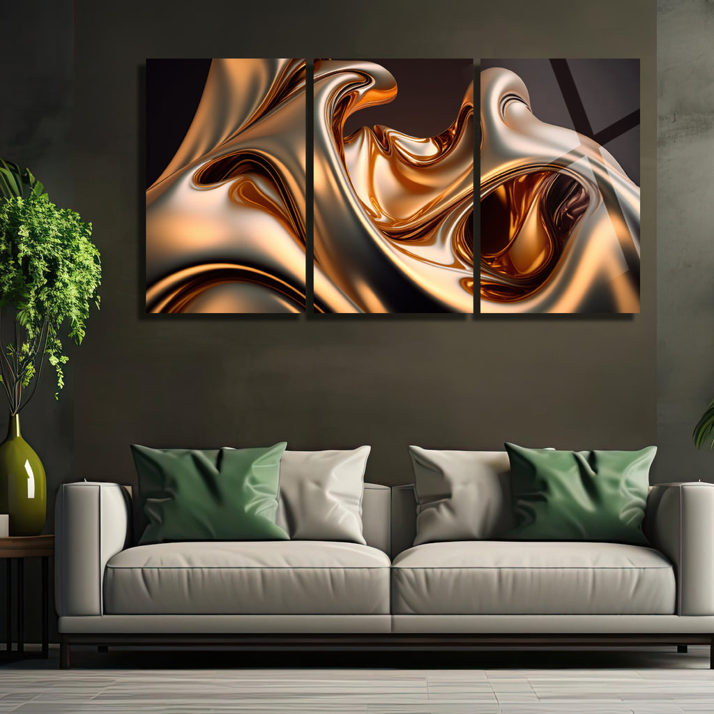 3 Parçalı Temperli Cam Duvar Tablosu Soyut Altın