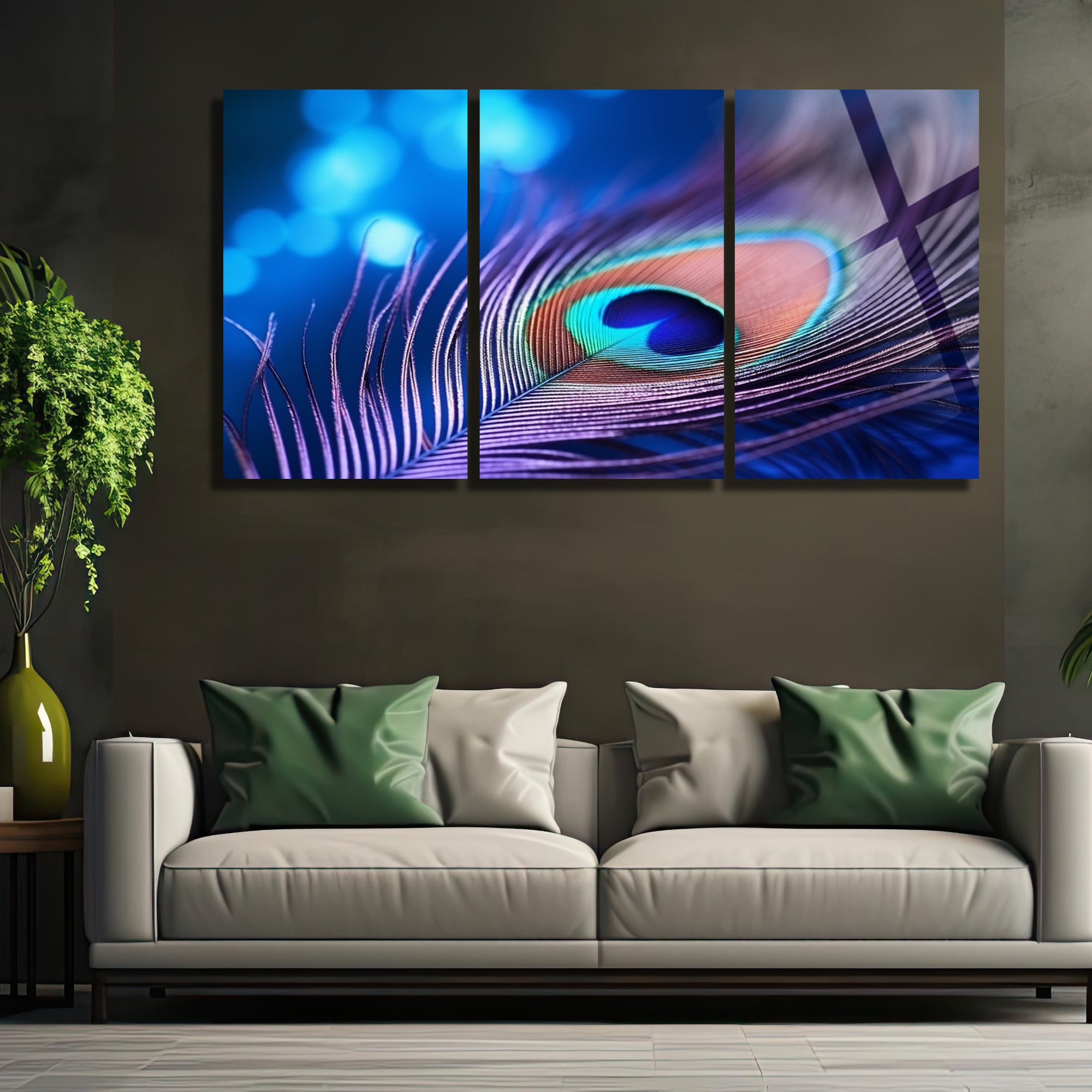 3 Parçalı Temperli Cam Duvar Tablosu Tavuz Kuşu Tüyü