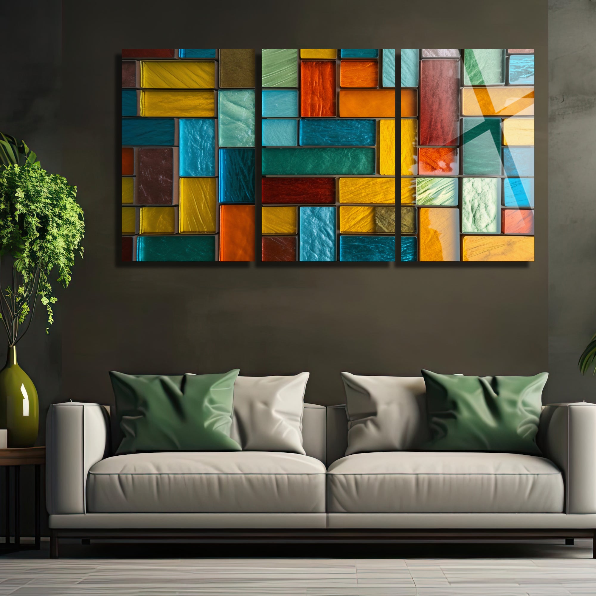 3 Parçalı Temperli Cam Duvar Tablosu Renkli Karolar