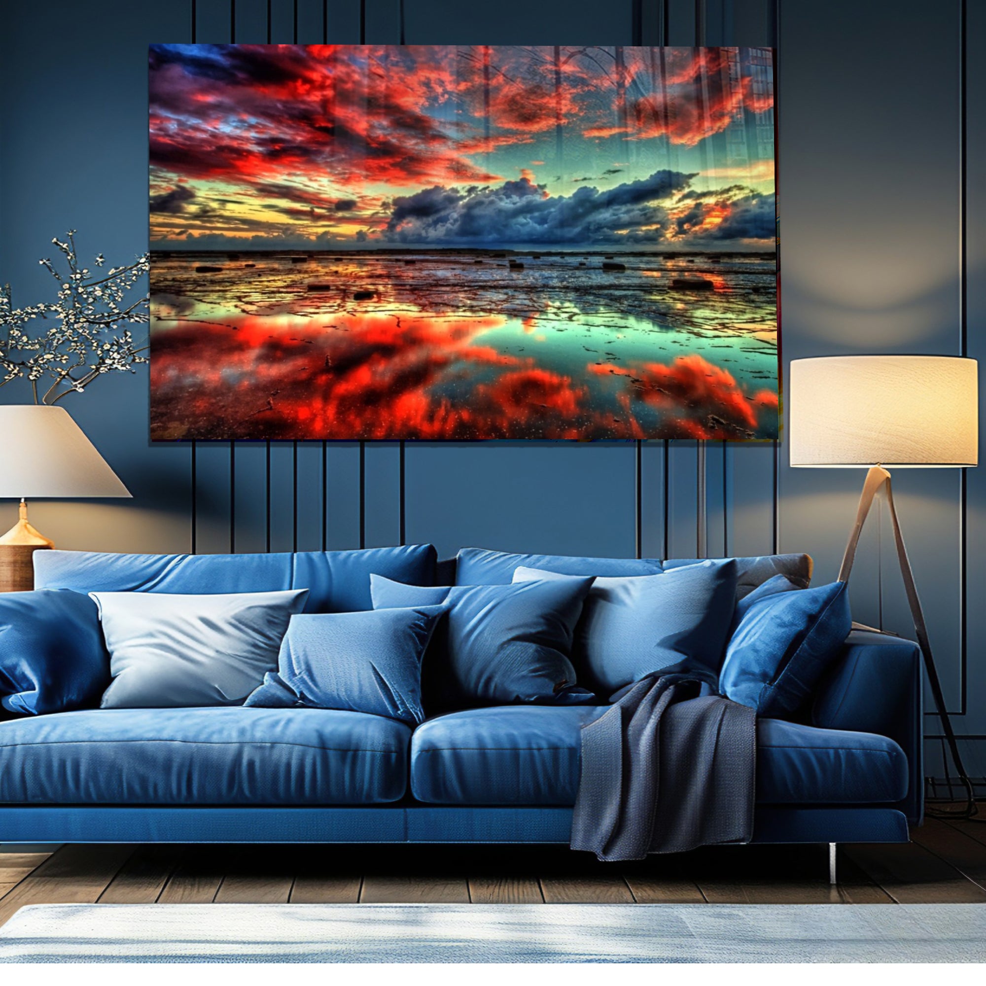 Kırmızı ve Mavi Gün Batımı Yansımalı Cam Tablo – Modern Manzara Duvar Dekoru