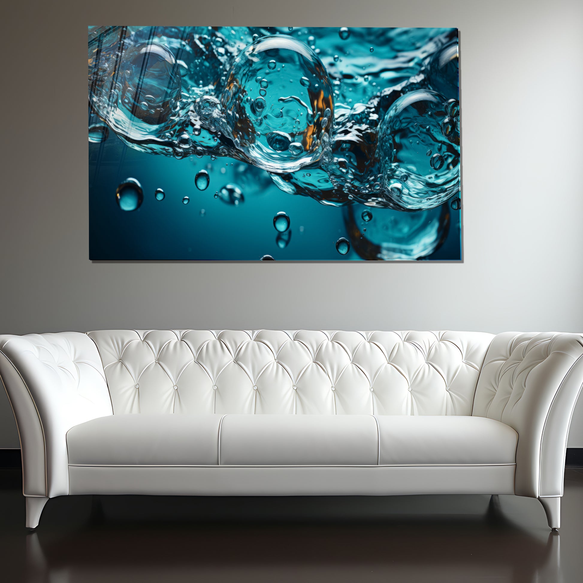 Water Bubbles Abstract Glass Wall Art – Modern Blue Fluid Design on Tempered Glass