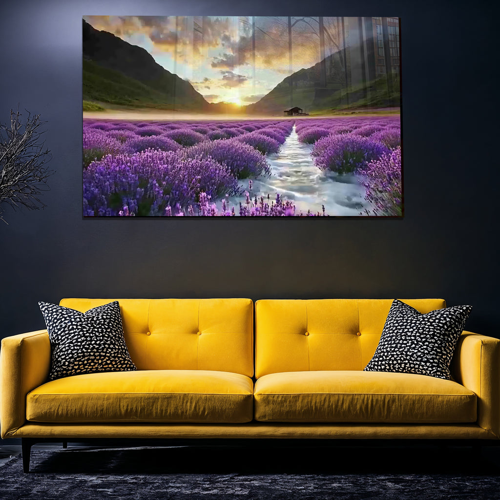 Lavender Field Glass Wall Art, Sunset Landscape Tempered Glass Print, Nature Wall Decor, Purple Floral Glass Panel, Relaxing Scenic Art
