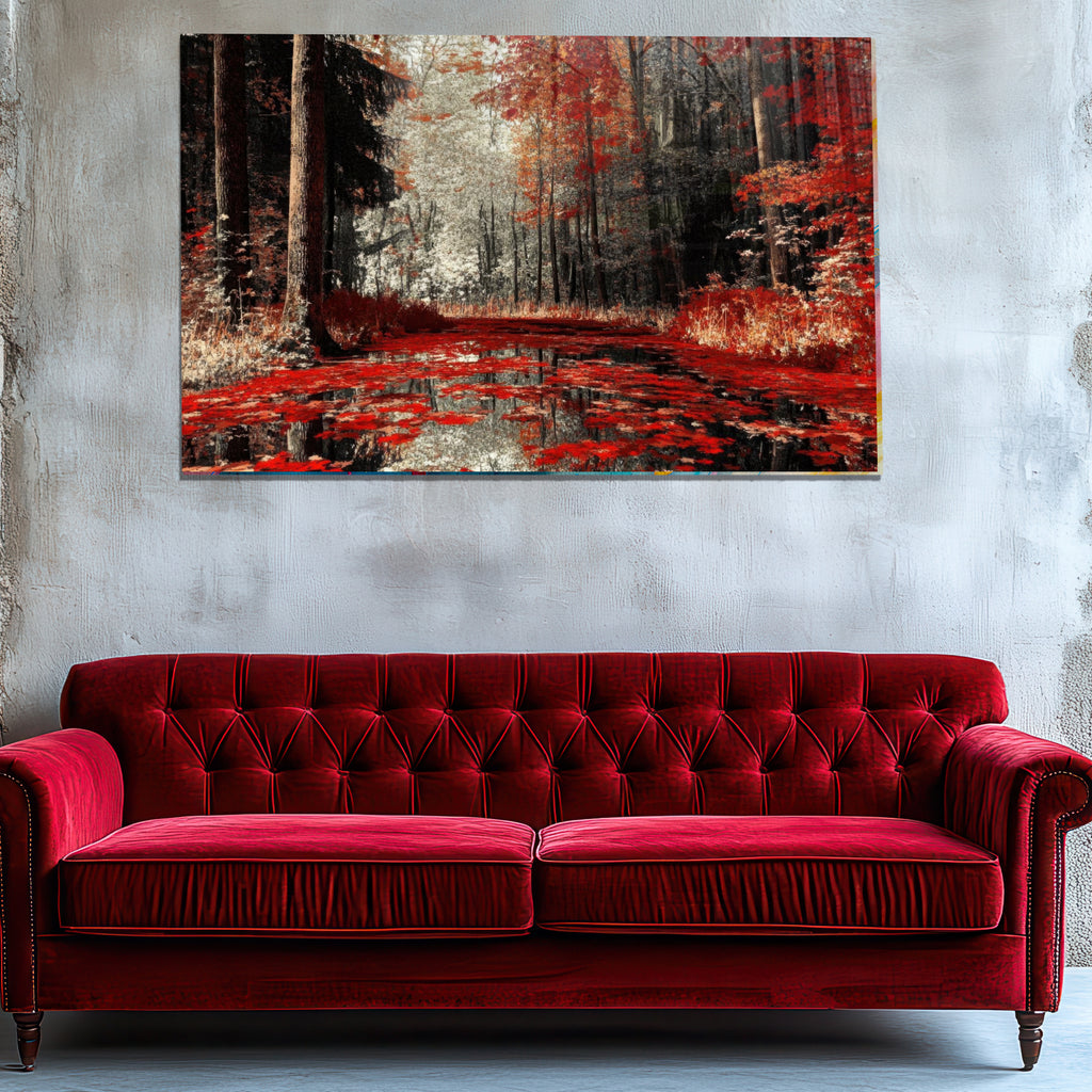 Autumn Forest Glass Wall Art, Red Foliage Tempered Glass Print, Fall Landscape Wall Decor, Tranquil Nature Glass Panel, Seasonal Home Art