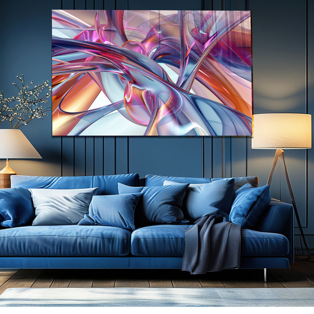 Renkli Metalik Soyut Temperlenmiş Cam Tablo, Modern 3D Duvar Dekoru, Şık ve Lüks Cam Sanat Eseri