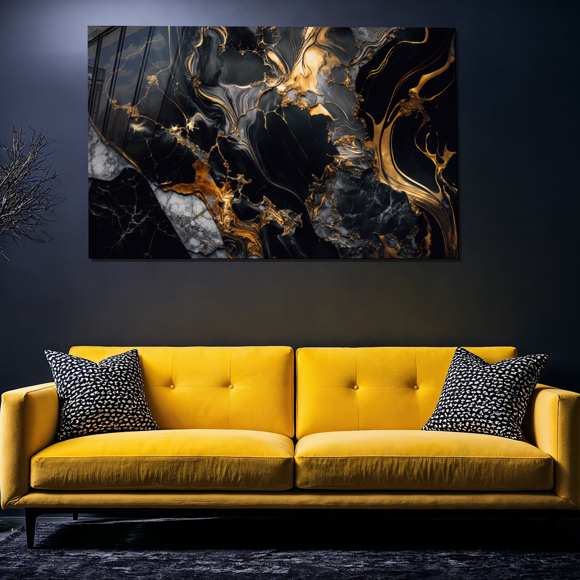 Tempered Glass Wall Art, Black and Gold Marble Design, Luxury Abstract Modern Decor Panel