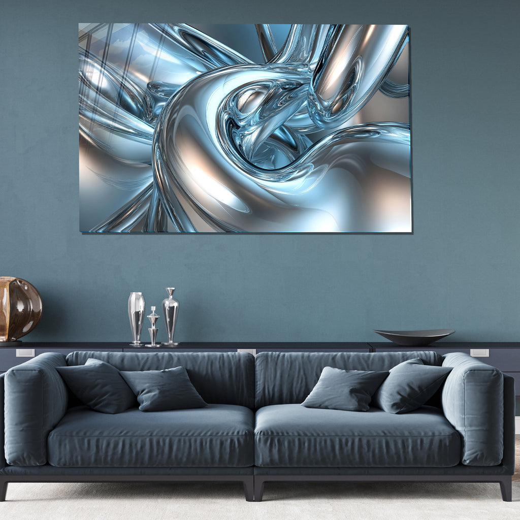 Abstract Chrome Glass Wall Art – Metallic Fluid Design on Tempered Glass