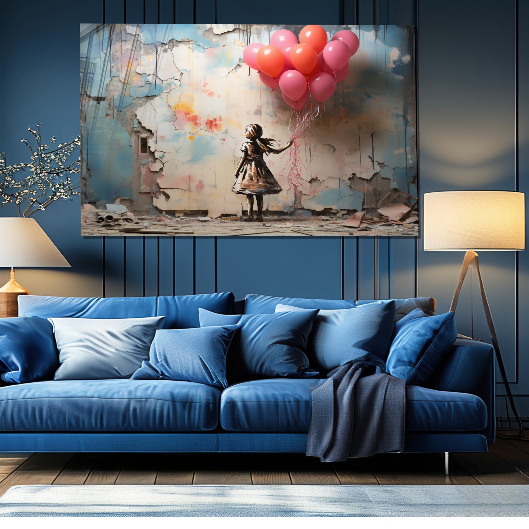 Kız ve Balonlar Temalı Temperli Cam Tablo – Modern Sokak Sanatı Tarzı, Renkli Duvar Dekoru