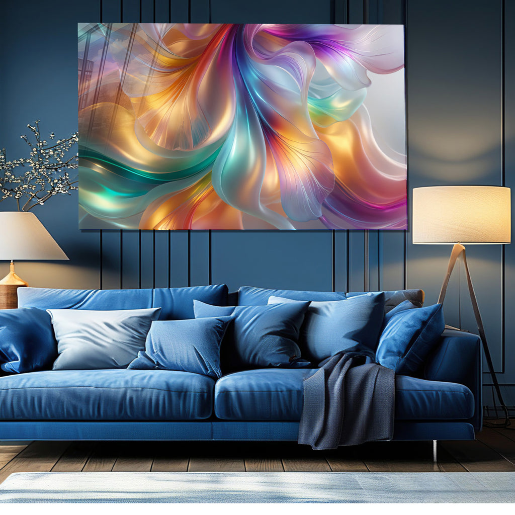 Renkli ipeksi Soyut Temperlenmiş Cam Tablo, Modern 3D Duvar Dekoru, Şık ve Lüks Cam Sanat Eseri