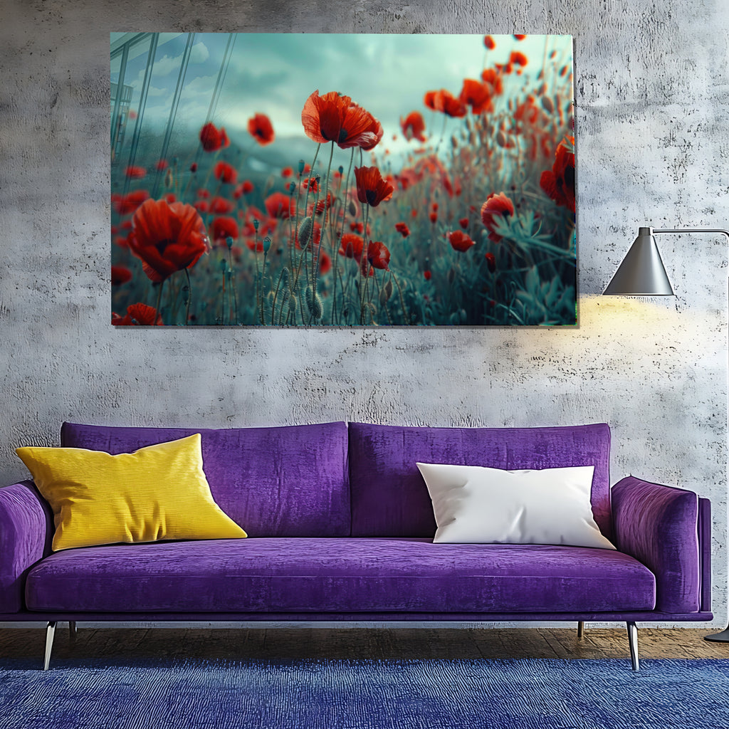 Poppy Flower Field Glass Wall Art – Botanical Nature Scene on Tempered Glass