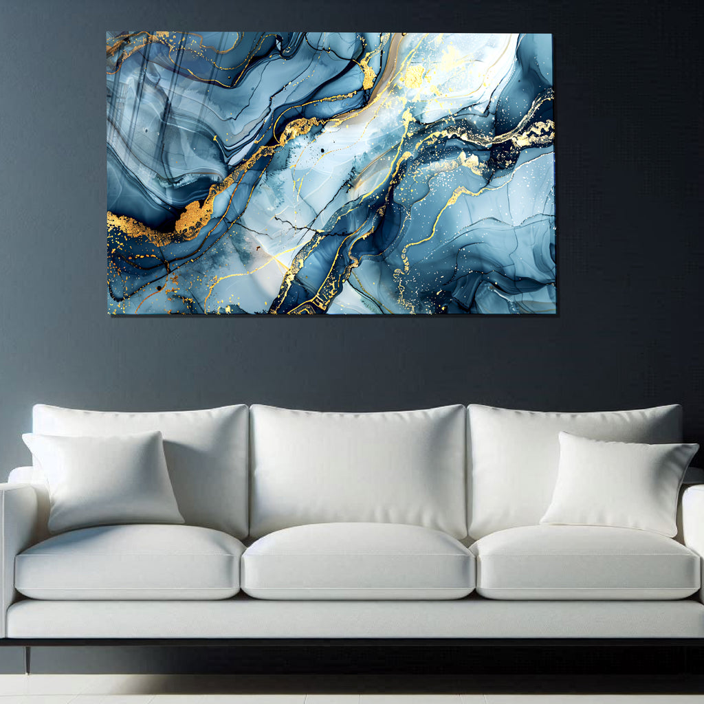Blue Gold Marble Themed Tempered Glass Wall Art – Framed or Frameless - Luxury Glossy Panel -Stained Glass Wall Art - Marble Themed Glass Backsplash (Copy)