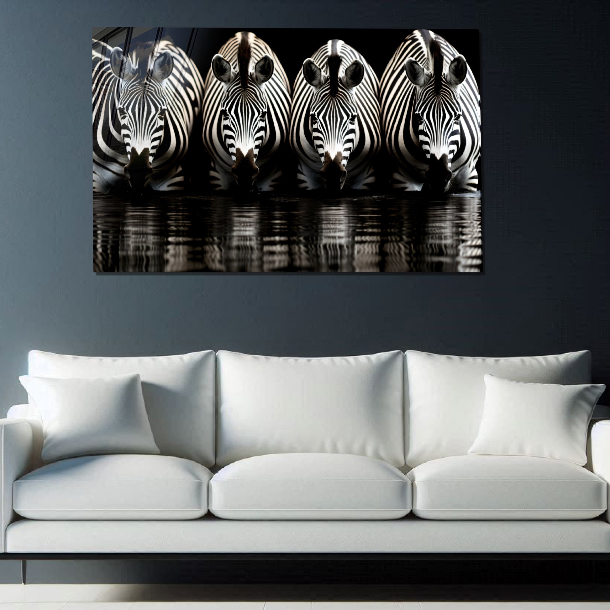 Zebra Reflections Wall Art – Monochrome Wildlife Print on Tempered Glass