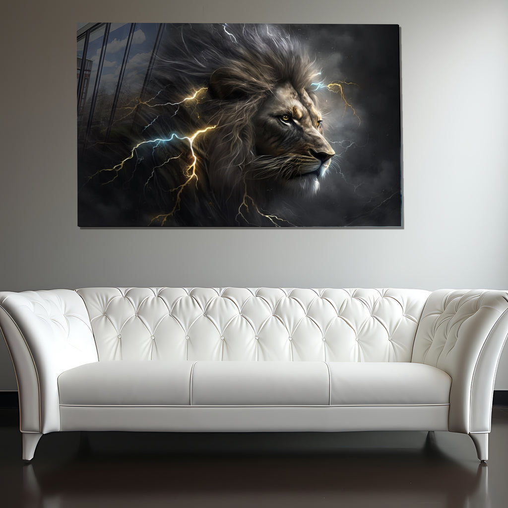 Powerful Lion Wall Art, Electric Storm Lion, Tempered Glass Animal Art, Lightning Lion Print, Bold Safari Wall Decor