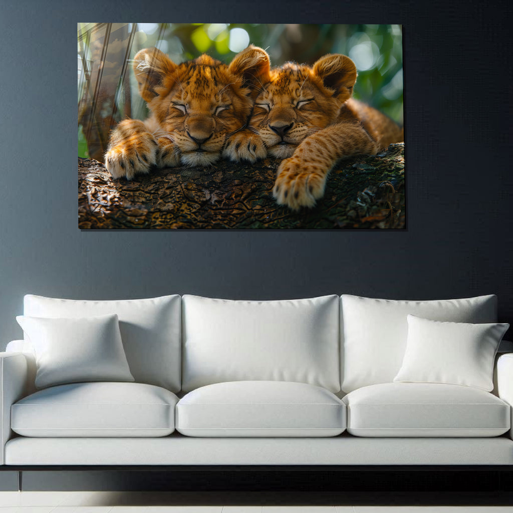Sleeping Lion Cubs Tempered Glass Wall Art – Cute Jungle Animal Print – Safari Baby Lions Art