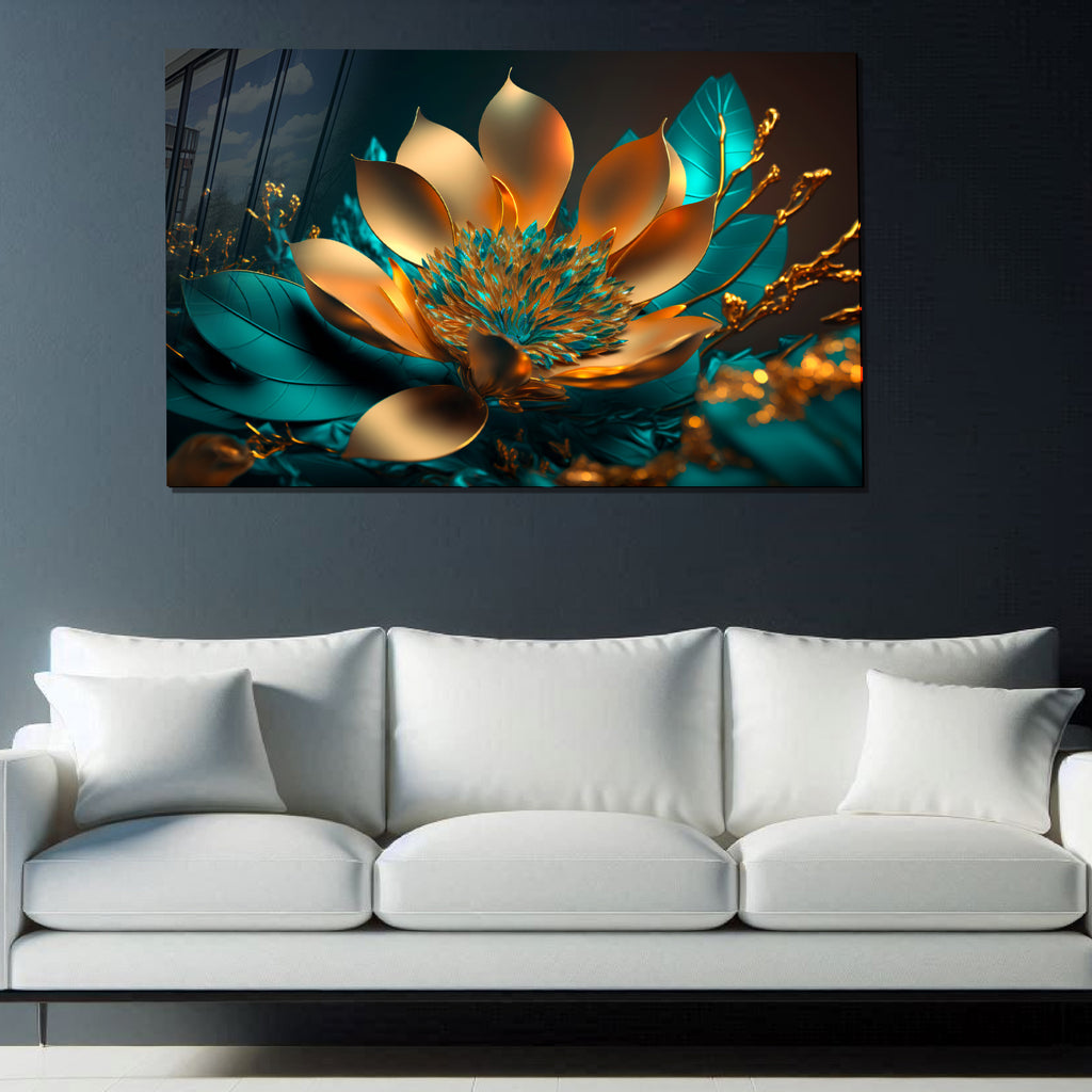 Golden Turquoise Flower Glass Wall Art – Luxury Floral Panel on Tempered Glass