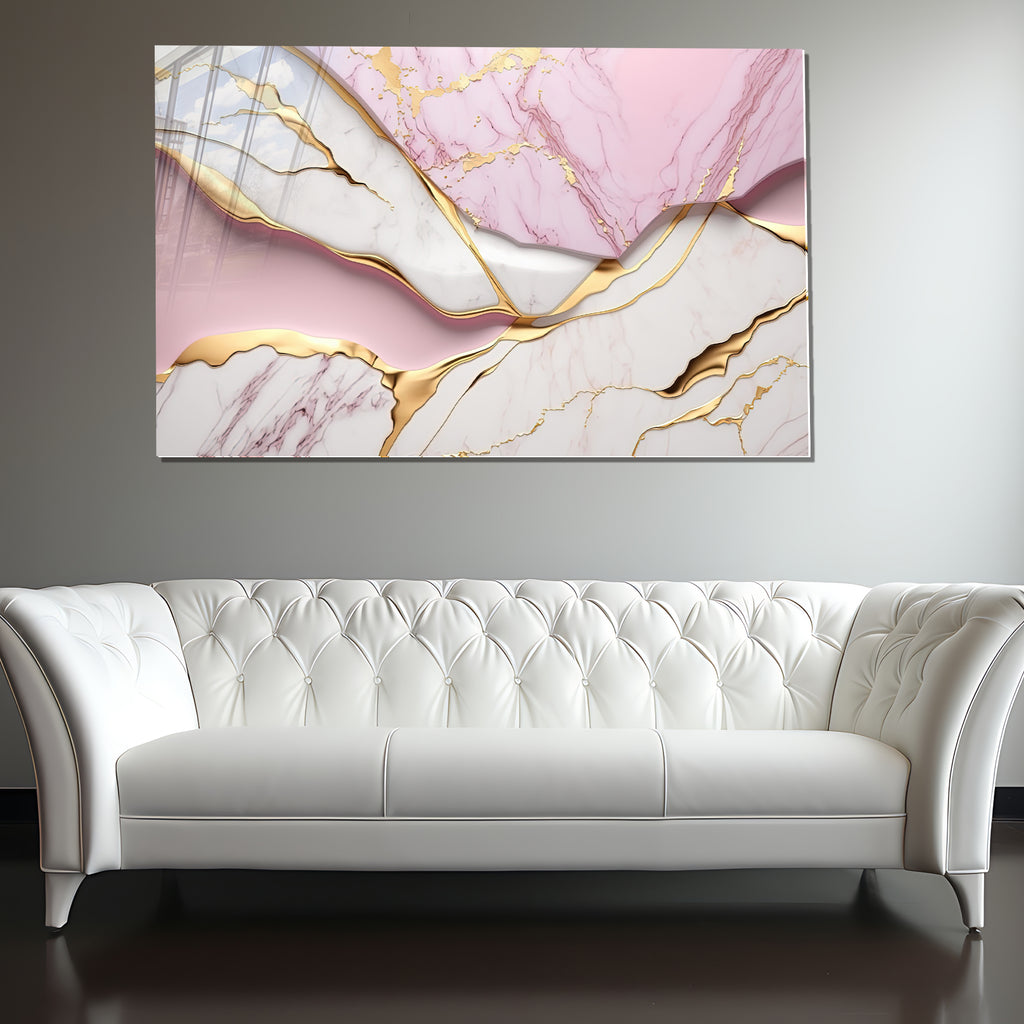 Pink Gold Marble Themed Tempered Glass Wall Art – Framed or Frameless - Luxury Glossy Panel -Stained Glass Wall Art - Marble Themed Glass Backsplash