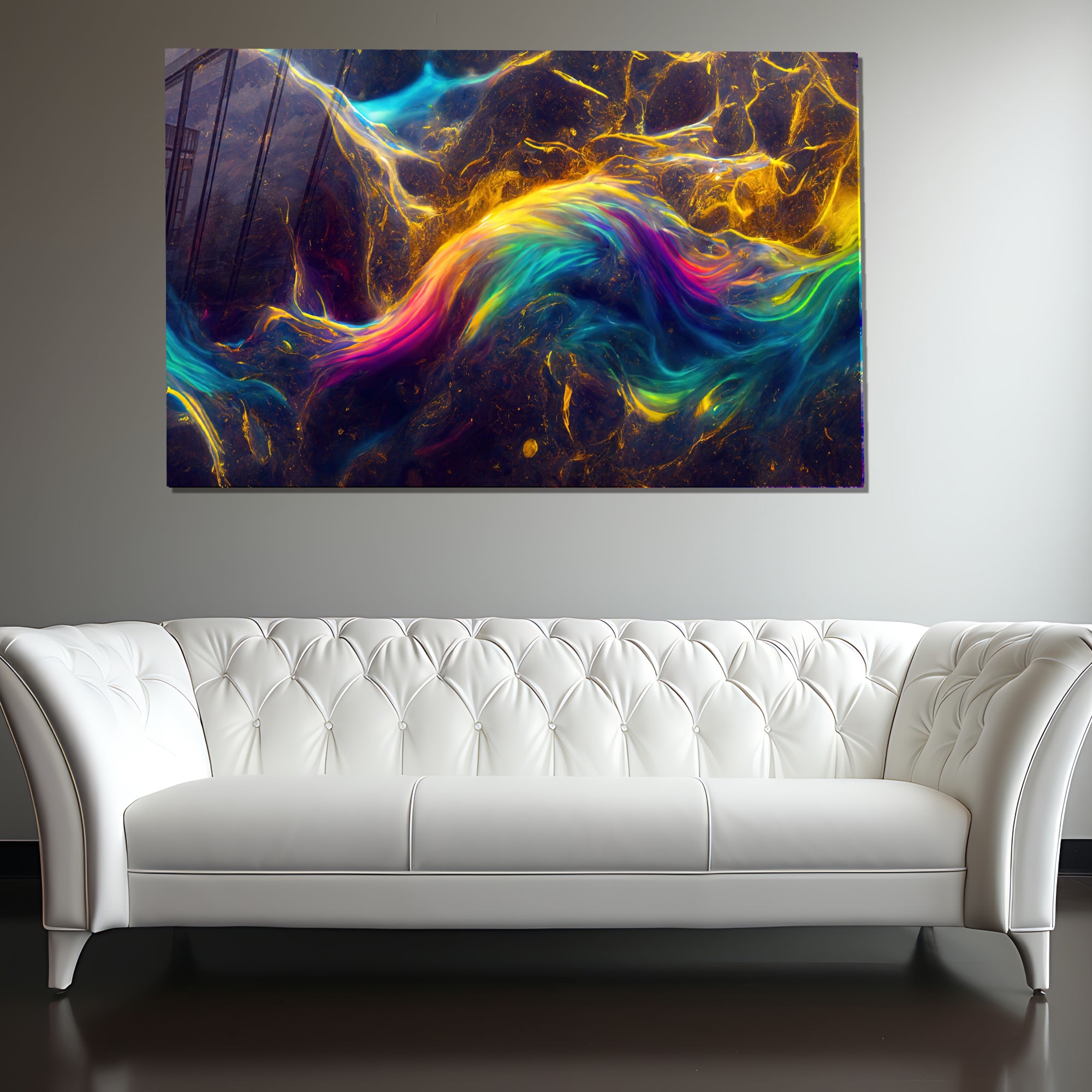 Renkli Metalik Soyut Temperlenmiş Cam Tablo, Modern 3D Duvar Dekoru, Şık ve Lüks Cam Sanat Eseri