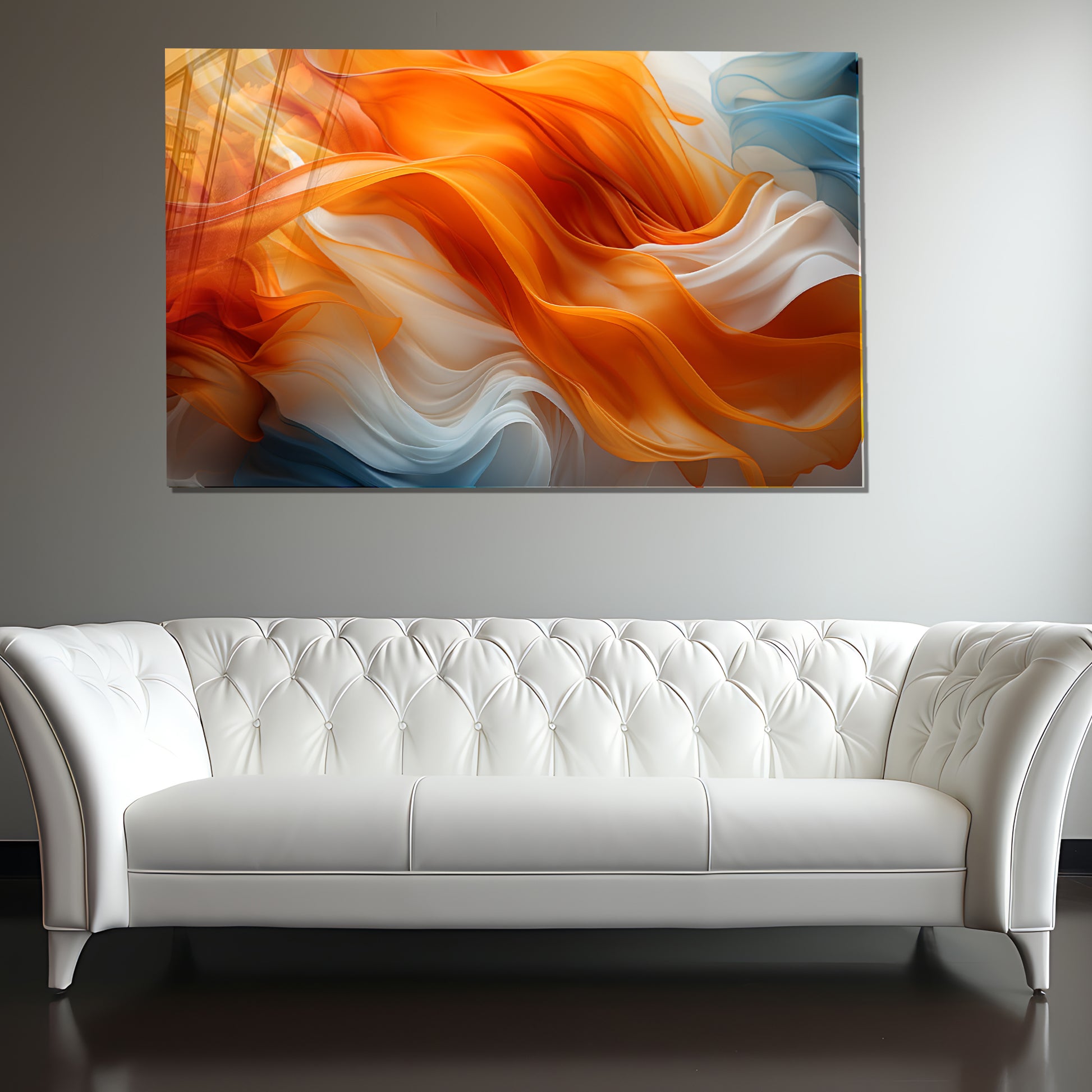 Orange Flow Abstract Glass Wall Art – Dynamic Flame-Inspired Design on Tempered Glass