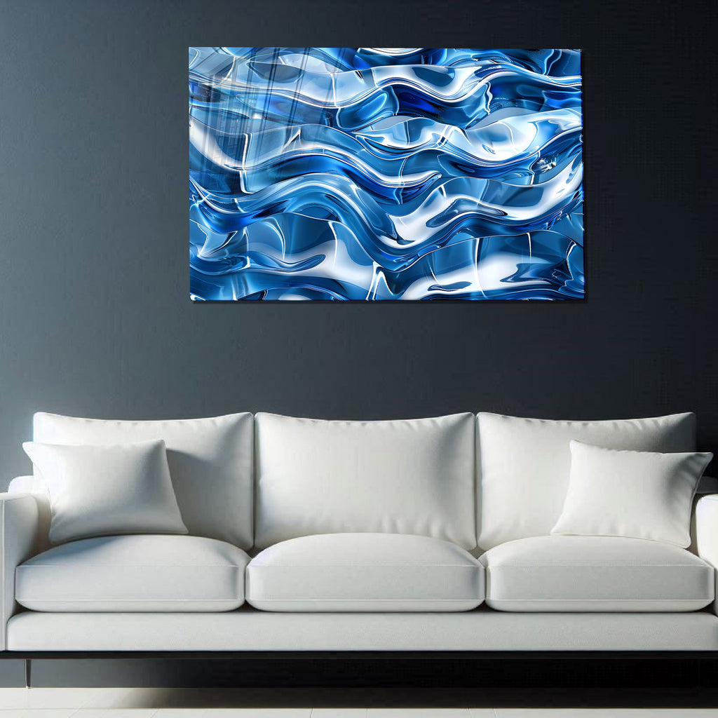 Mavi Renkli Metalik Soyut Temperlenmiş Cam Tablo