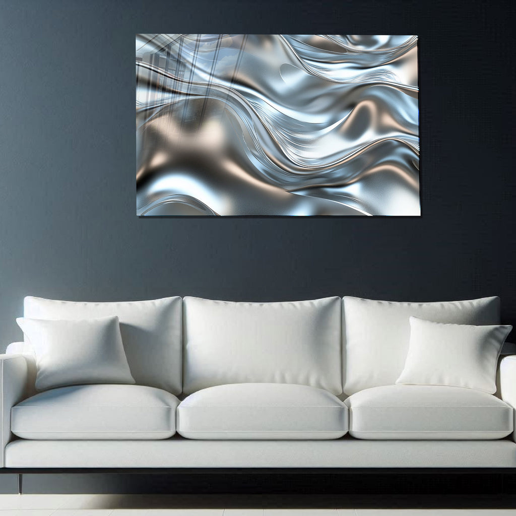 Silver Metallic Abstract Tempered Glass Painting, Modern 3D Wall Decor, Stylish and Luxury Glass Artwork