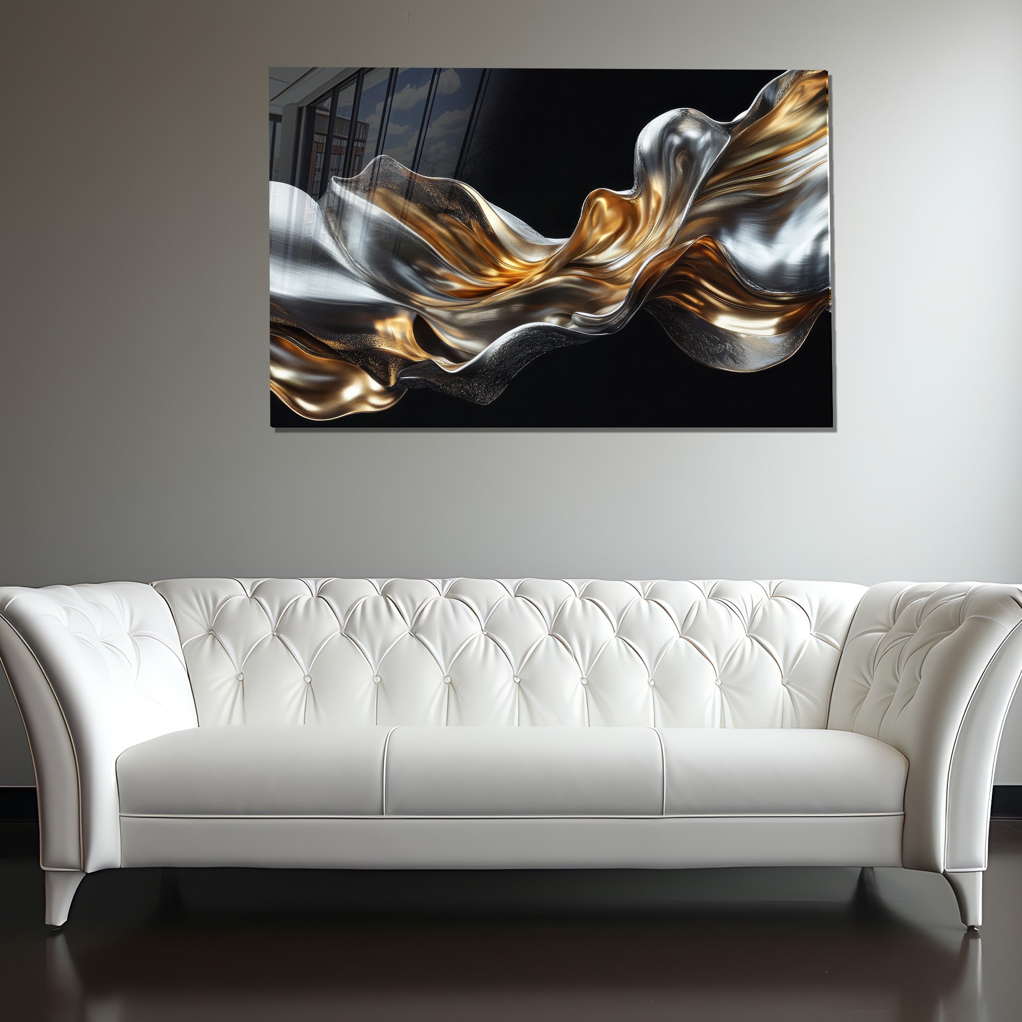 Silver Metallic Abstract Tempered Glass Painting, Modern 3D Wall Decor, Stylish and Luxury Glass Artwork