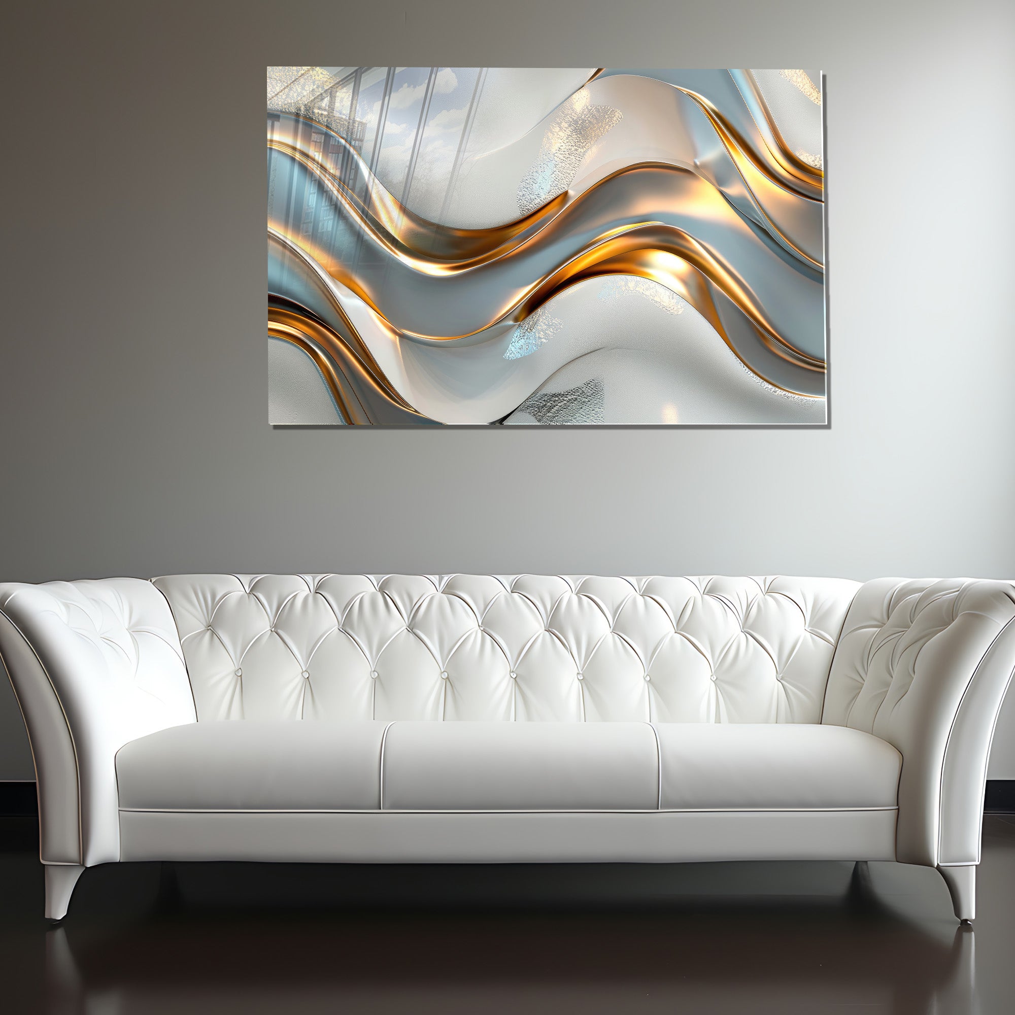 Silver Metallic Abstract Tempered Glass Painting, Modern 3D Wall Decor, Stylish and Luxury Glass Artwork