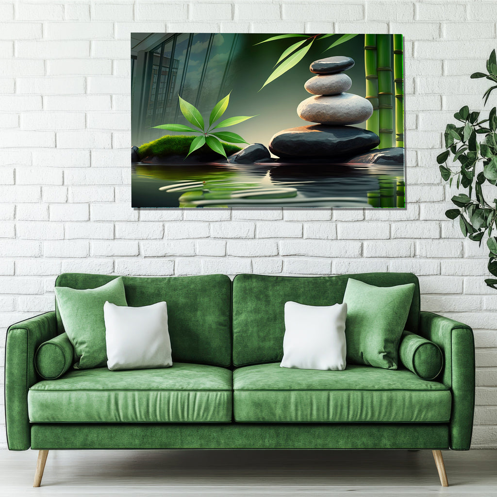 Temperli Cam Duvar Tablosu – Bambu ve Denge Taşları Huzur Temalı Modern Dekor
