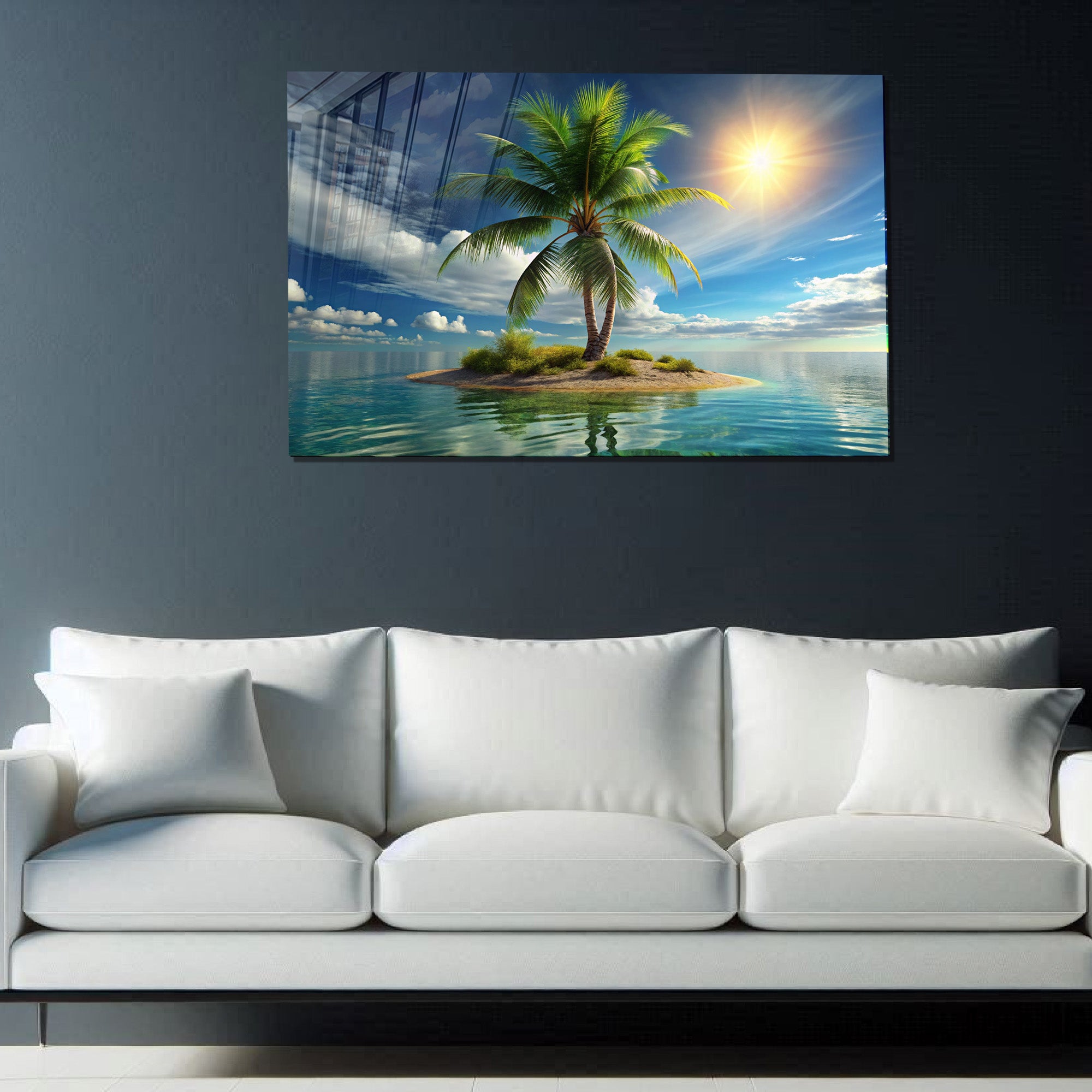 Tropik Ada Manzara Temperli Cam Duvar Tablosu – Modern Deniz ve Palmiye Dekoru