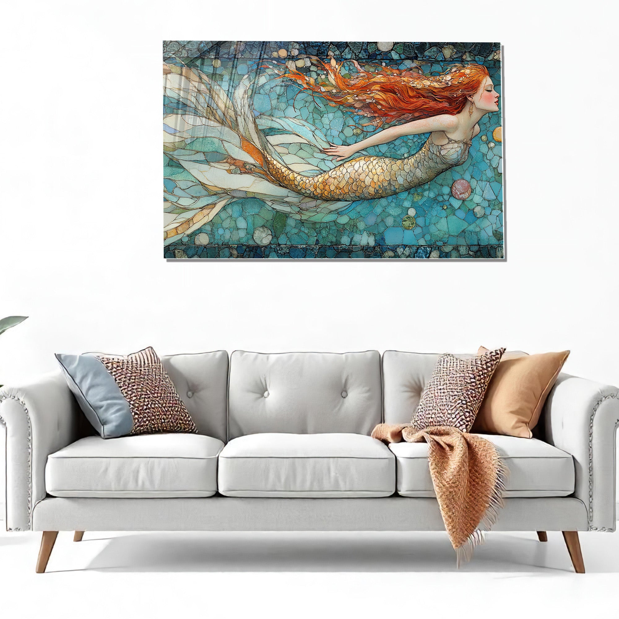 Temperli Cam Deniz Kızı Duvar Tablosu – Vitray Mozaik Sanat Tasarımı, Modern Mitolojik Dekorya)