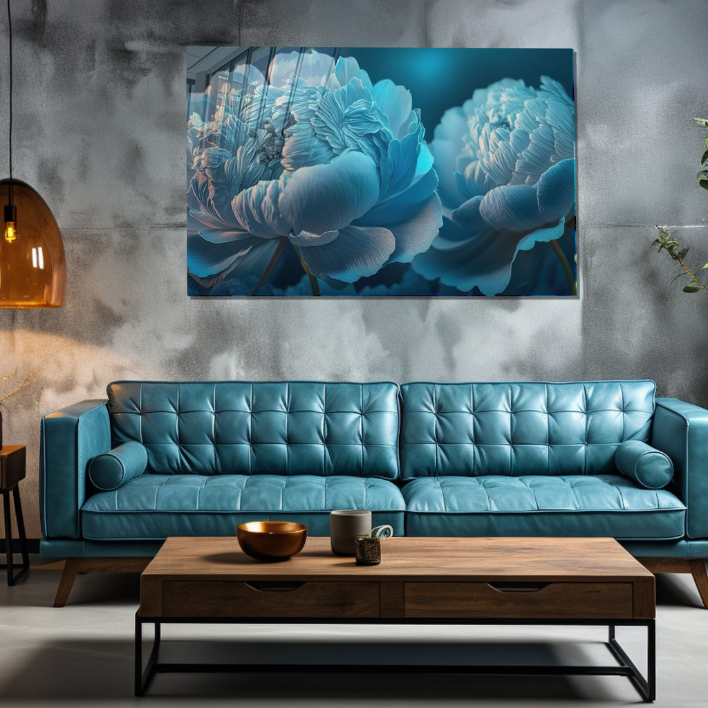 Temperli Cam Duvar Tablosu – Mavi Çiçek Dekor
