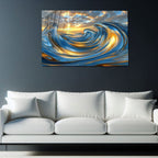 Temperli Cam Duvar Tablosu – Mavi ve Altın Akışkan Dalga Soyut Dekor