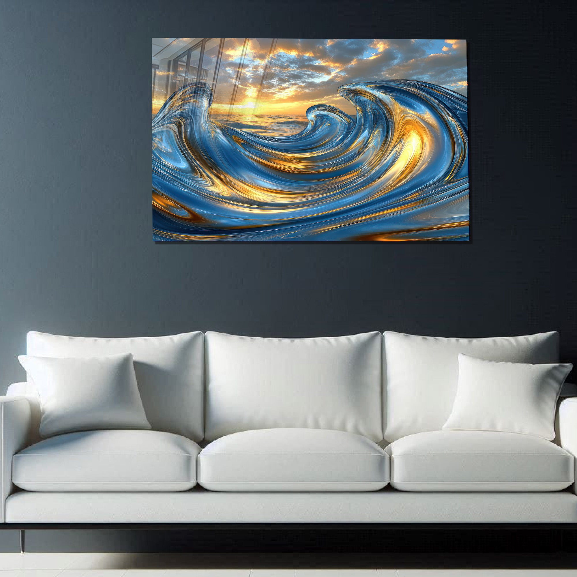 Temperli Cam Duvar Tablosu – Mavi ve Altın Akışkan Dalga Soyut Dekor