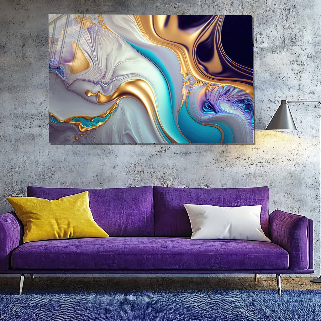 Gold Abstract Chrome Glass Wall Art – Metallic Fluid Design on Tempered Glass