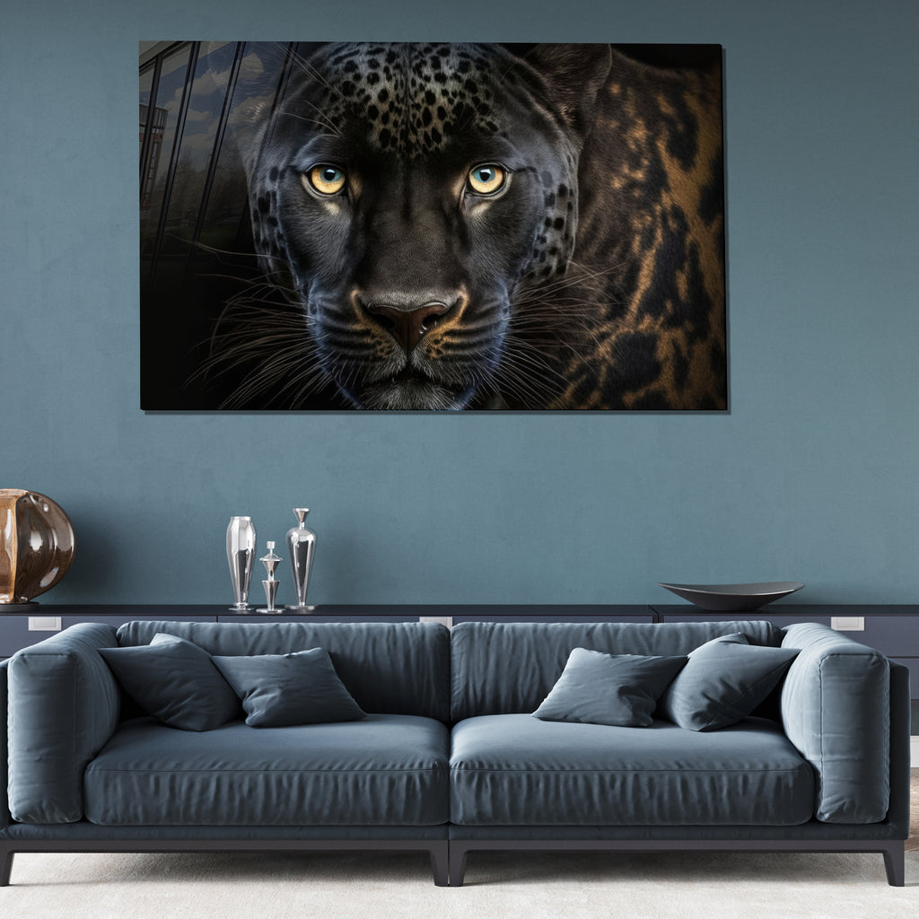 Black Leopard Wall Art – Wild Animal Portrait on Tempered Glass Panel
