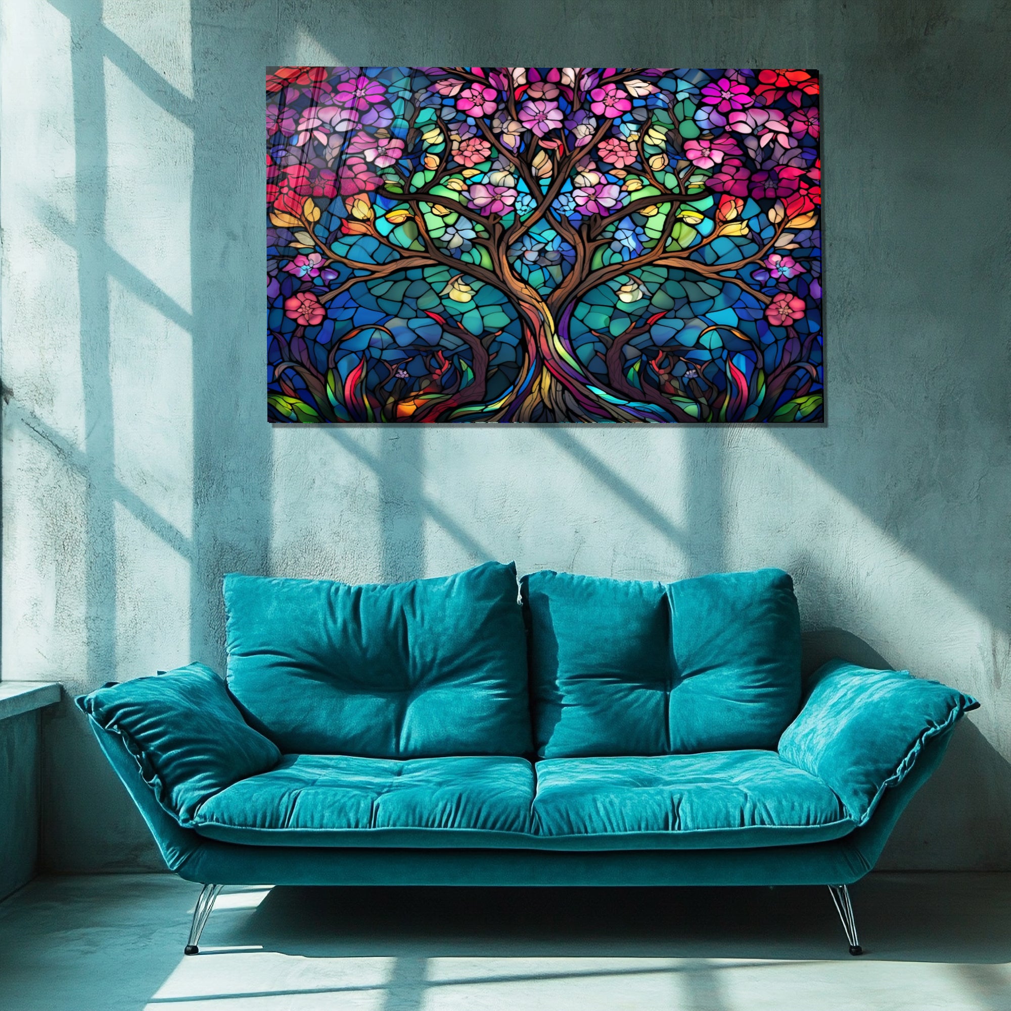Ağaç Temalı Vitray Görünümlü Temperli Cam Tablo – Renkli Doğa Duvar Dekoru