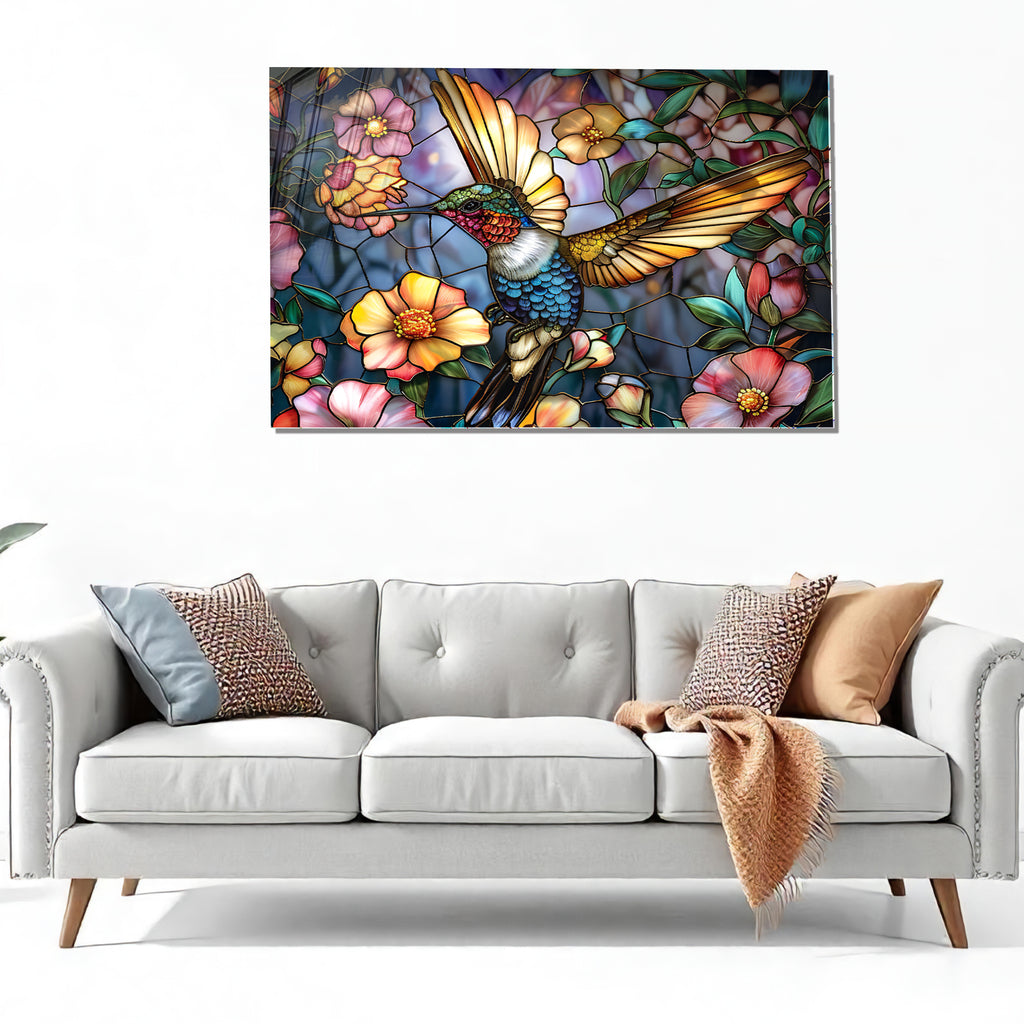 Hummingbird Stained Glass Wall Art – Colorful Floral Tempered Glass Panel