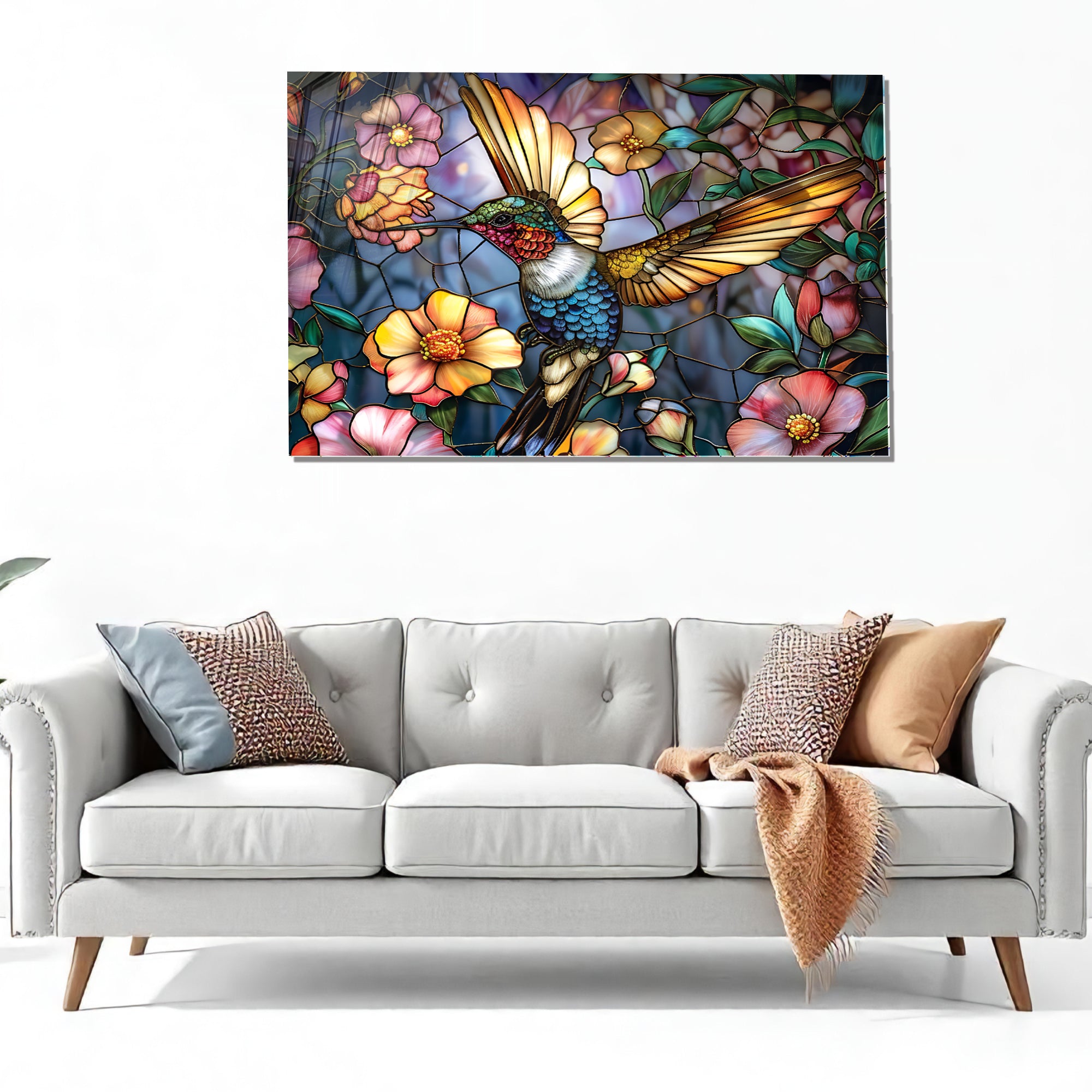 Sinek Kuşu ve Çiçekler Temalı Vitray Görünümlü Temperli Cam Tablo – Renkli Doğa Duvar Dekoru