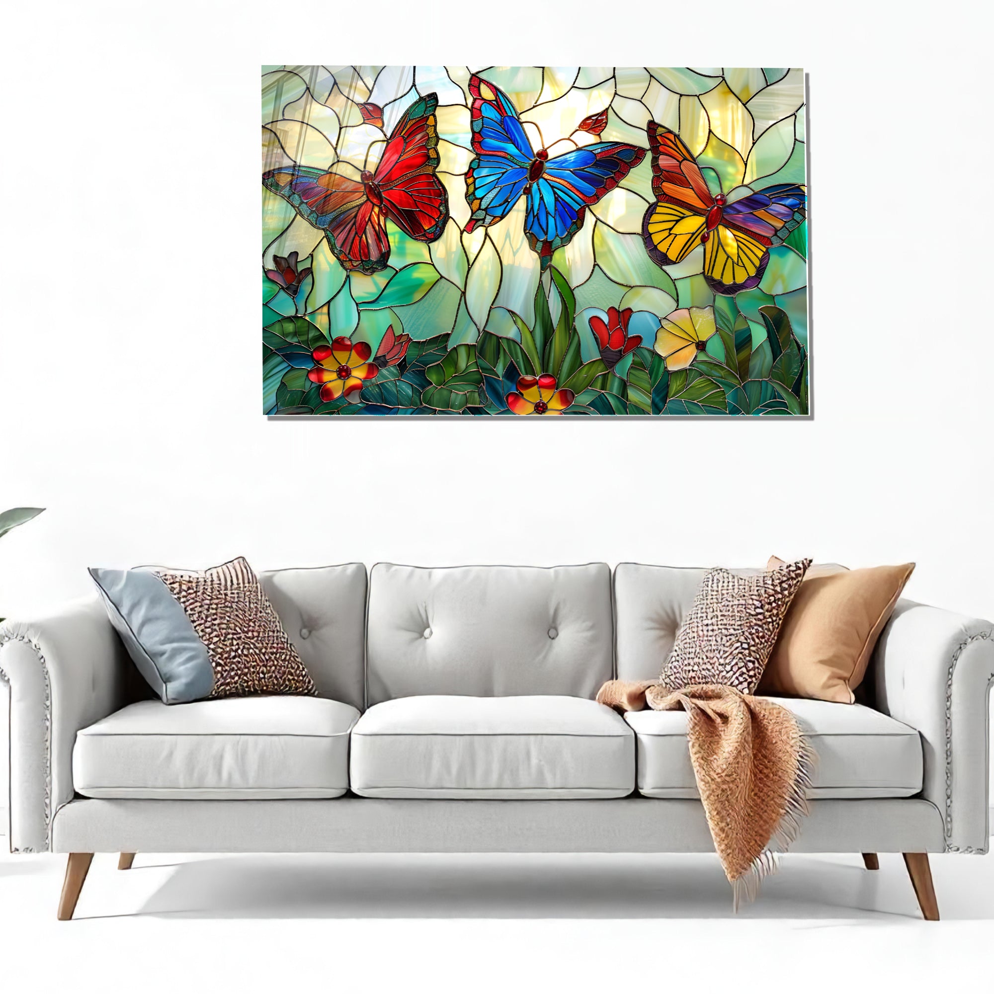 Kelebek Temalı Vitray Görünümlü Temperli Cam Tablo – Renkli Doğa Duvar Dekoru