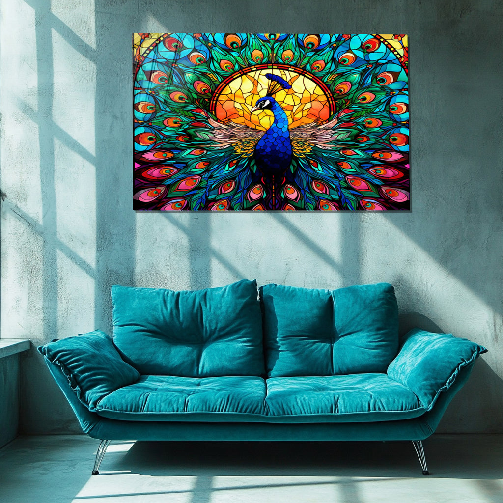 Peacock Stained Glass Wall Art – Vibrant Tempered Glass Panel with Colorful Feathers