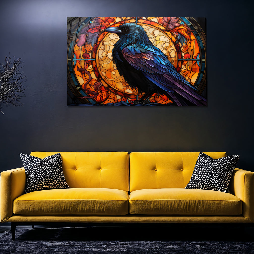 Raven Stained Glass Wall Art – Gothic Crow Bird Panel on Tempered Glass