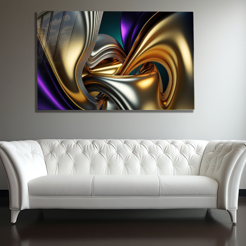 Gold &amp; Purple Abstract Glass Wall Art – Luxury Metallic Fluid Design on Tempered Glass