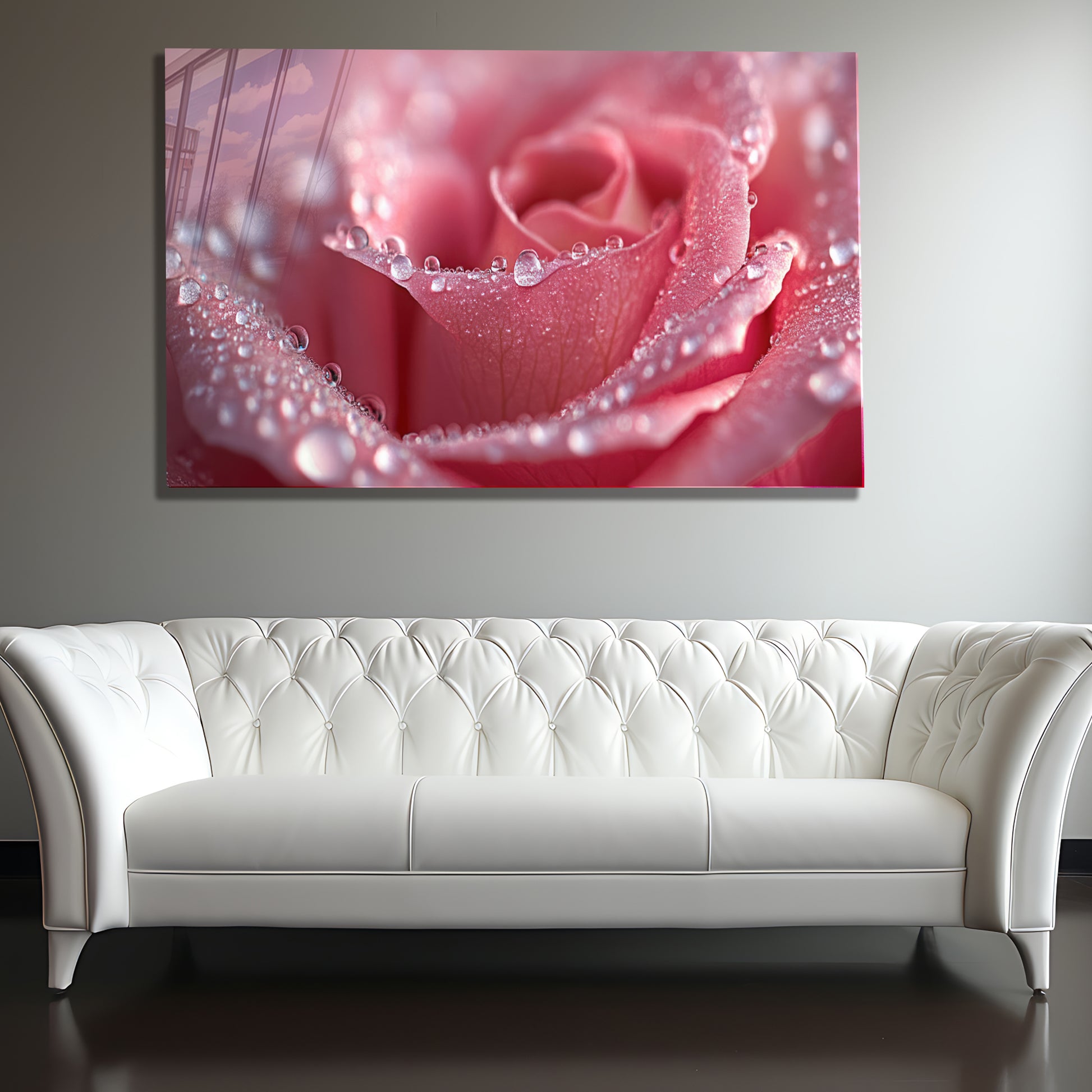 Pink Rose Macro Wall Art – Dew Drop Floral Tempered Glass Panel