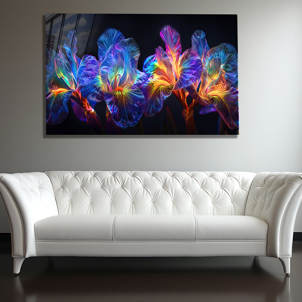 Rainbow Neon Iris Glass Wall Art – Glowing Colorful Floral Design on Tempered Glass