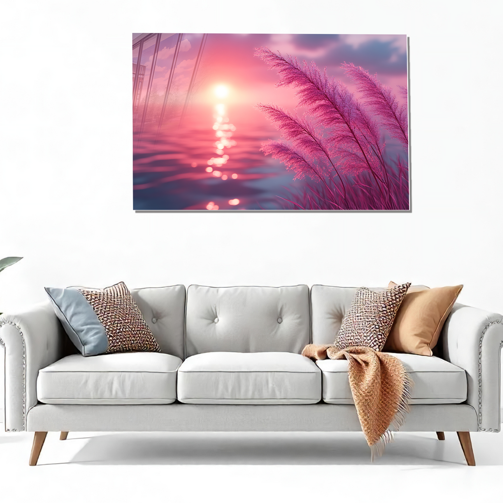 Pembe Gün Batımı ve Sazlık Manzara Temperli Cam Duvar Tablosu – Modern Ev Dekoru